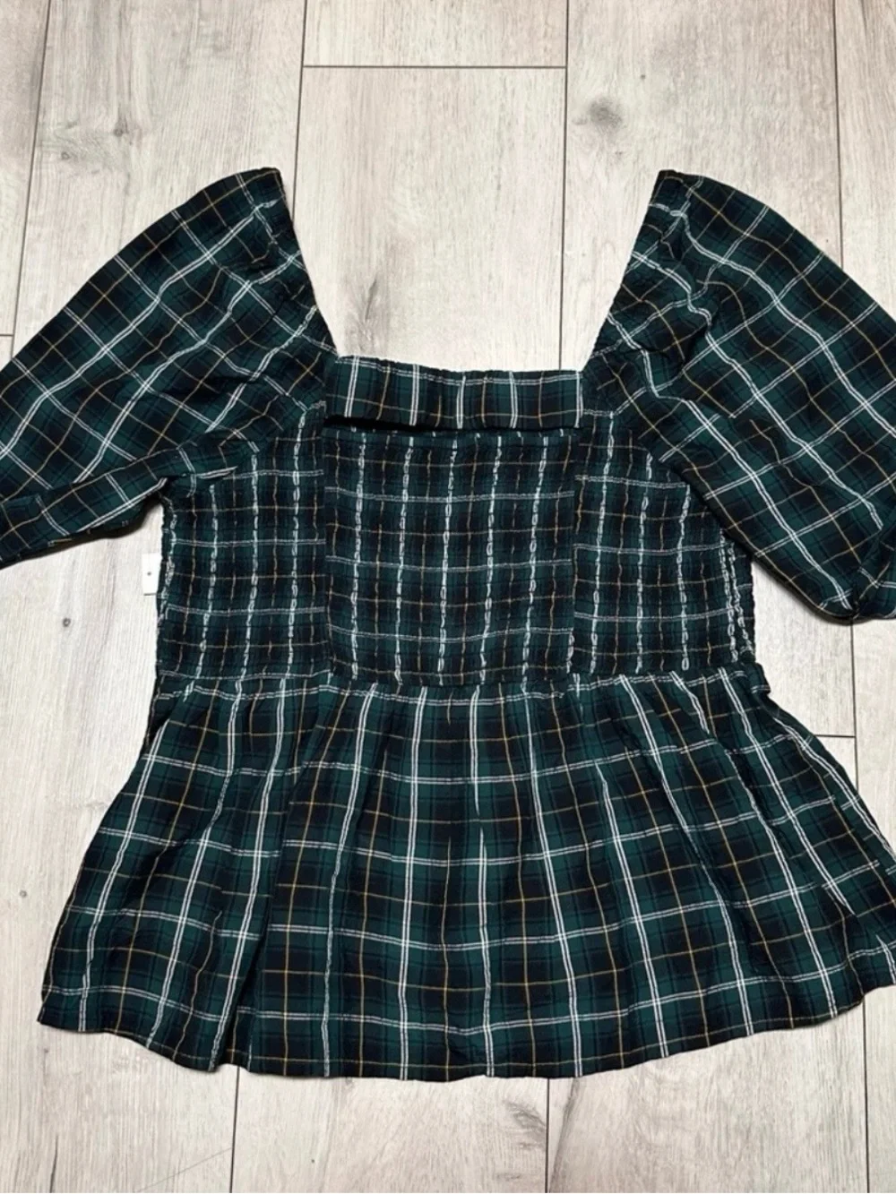 Old Navy NEW Ruffled Boho Plaid long sleeve low neckline Babydoll Top Size Large